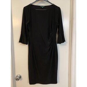 Lauren Ralph Lauren Dress Womens 12 Black Ruched Bell Sleeve Sheath Cocktail
